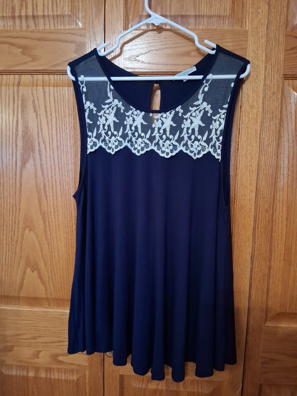 Green Envelope Navy Tank with White Lace Yoke